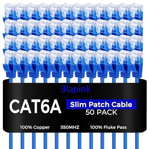 Rapink Patch Cables Cat6a 1ft (50 Pack) Slim, Cat6a Ethernet Patch Cable 10G Support, Snagless Cat 6 Patch Cable for Patch Panel to Switch, Flexiable Cat 6a Ethernet Cable with Gold Plated