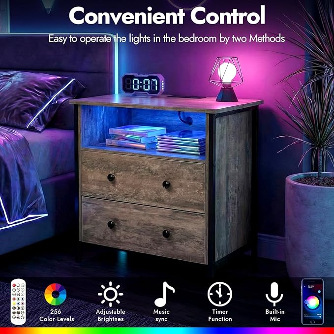 Tykacna 27 Inch Wide Night Stand, Large Wood Night Stand with 2 Drawers, LED Nightstand with Charging Station and Adjustable Drawer, Bedside Table for Living Room/Bedroom/Study/Office, Gray.
