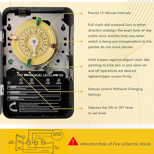 T104 Electromechanical Timer Switch,208-277 VAC 5HP 40A DPST Pool Pump Timers Replacement,24-Hour 12 ON/Off Mechanical Timer Switch for Pool Pump Water Heater Lighting