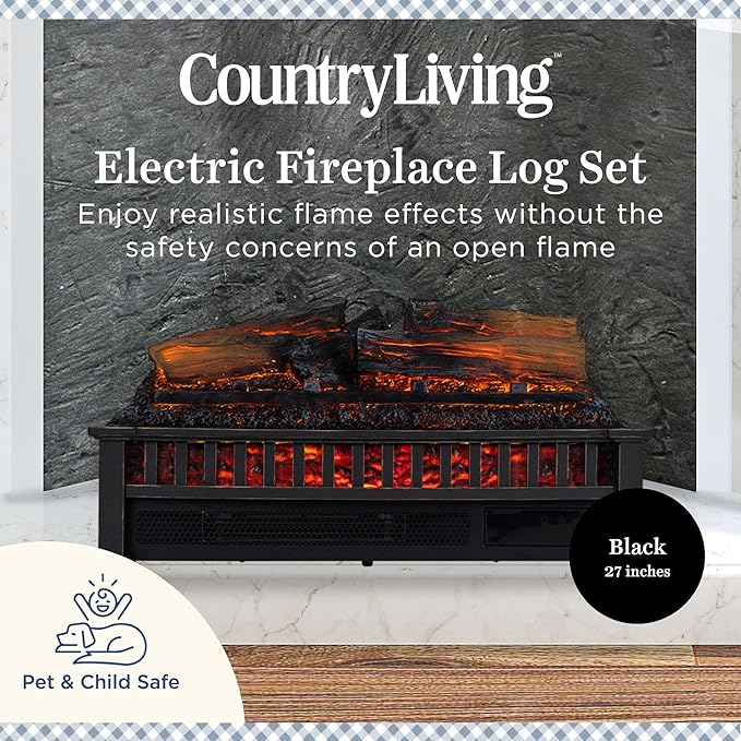 Country Living Electric Fireplace Logs, 27” LED Electric Fireplace Inserts with Infrared Heater, Electric Heater Heats up to 1000 Sq. Ft., Remote Controlled Infrared Heaters for Indoor Use, Black