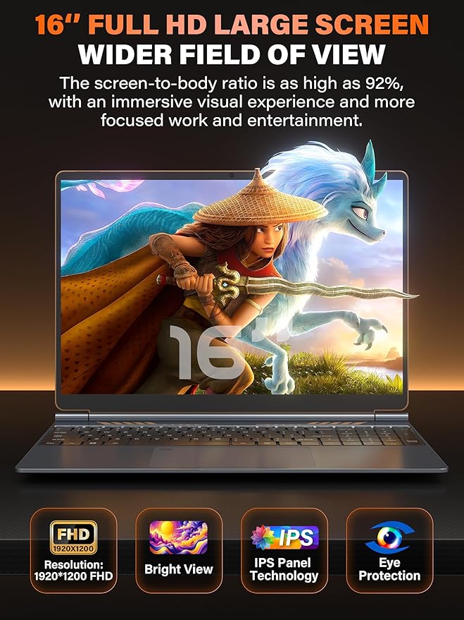 Rumtuk 16" Gaming Laptop Computer - Alder Lake N95 Processor (3.4GHz), FHD 1920 * 1200 IPS, 16G RAM, Fingerprint, Backlit Keyboard, 180° Hinge, Lightweight for Business & Student (512GB)