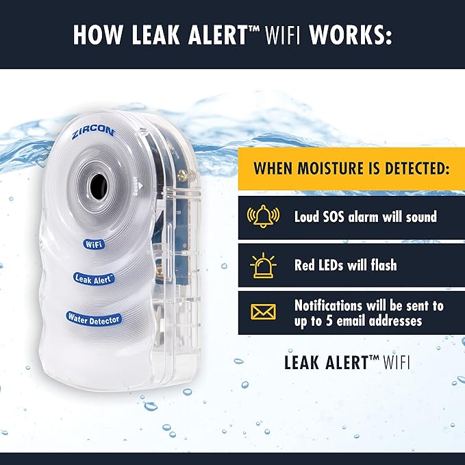 Zircon Leak Alert WiFi- 2 Pack - Smart Electronic Water Detector Alarm with Email, Audio and Visual Alerts - Batteries Included, (72336) White