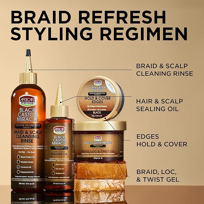 African Pride Black Castor Miracle Extra Hold Braid, Loc, Twist Gel - Extreme Hold Braiding Hair Gel, Edge Control & Tames Frizz, No Flake | Natural Ingredients, Coconut Oil | 8oz