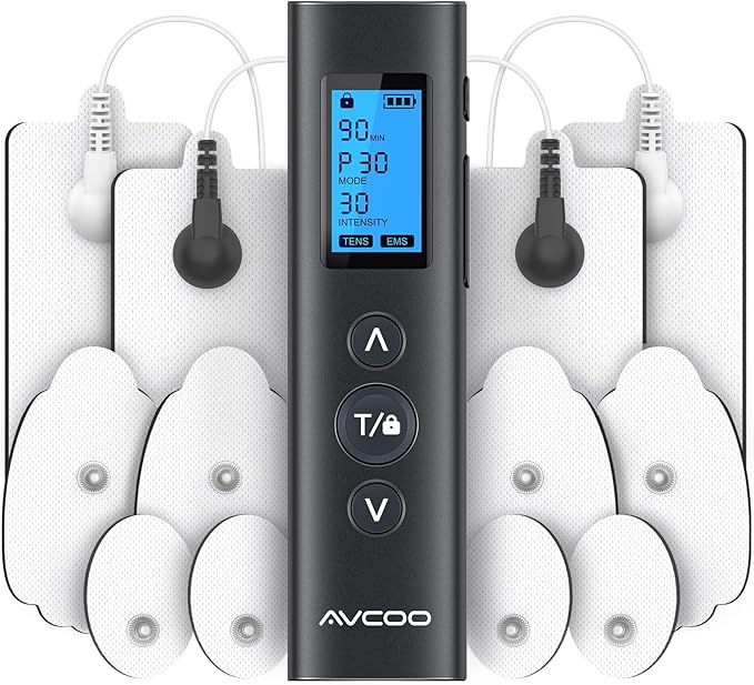 AVCOO 30 Modes TENS EMS Unit Compact Muscle Stimulator for Pain Relief of Back, Shoulder, Neck, Rechargeable & Portable Dual Channel EMS Muscle Stimulator with 30 Intensity Levels, 12 Electrode Pads