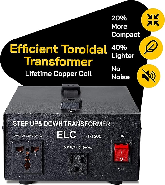 ELC T Series 1500+ Watt Voltage Converter Transformer - Step Up/Down - 110v to 220v / 220v to 110v Power Converter - Circuit Breaker Protection, CE Certified [3-Years Warranty]