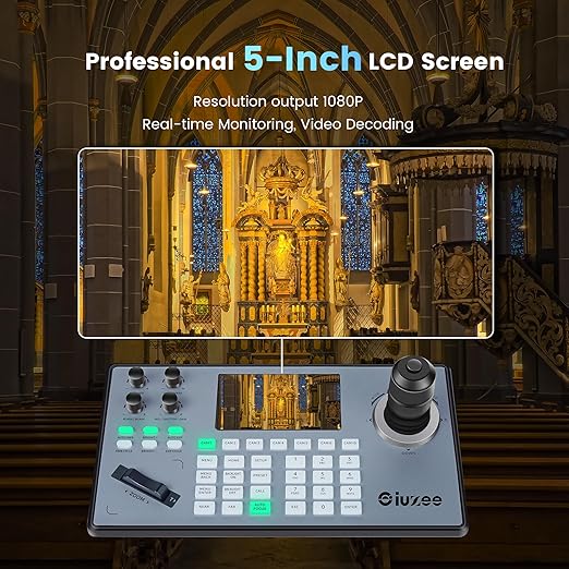 iuZee PTZ Camera Controller 4D Joystick PoE IP PTZ Keyboard with Controller 5" LCD Screen Preview, Support VISCA PELCO-P PELCO-D RS422 RS485 RS232 RJ45, for Live Streaming Meeting/Church Service/Education