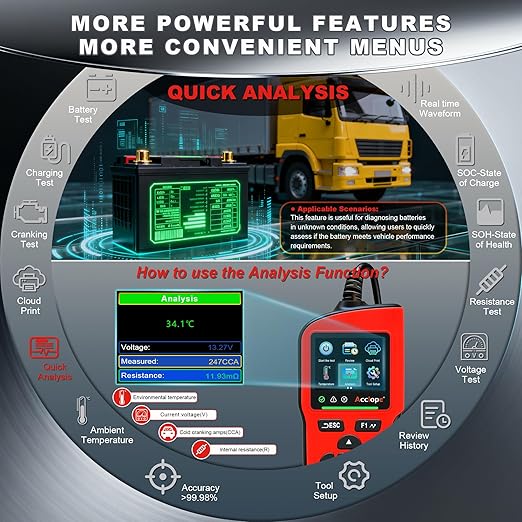 Acclope BT90 PRO 2-360Ah Battery Tester with Cloud Printing, 30-3800 CCA, 6V/12V/24V Digital Analyzer, SOH/SOC/Volt/Res/Cranking&Charging Test, Real‑Time Ambient Temp, AGM/EFB/Gel/Li