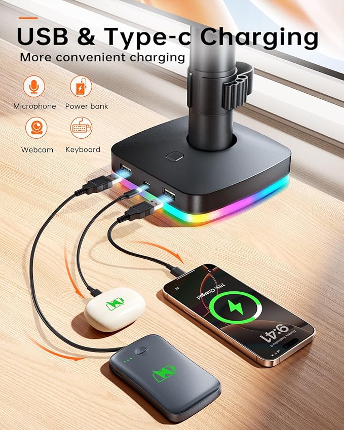 RGB Single Monitor Stand, Monitor Arm with 3 USB Ports, Charging and USB Data Transfer Function, Adjustable Desk Mount for 13"-27" Monitors up to 17.6lbs, VESA 75x75mm 100x100mm, Ergonomic Design