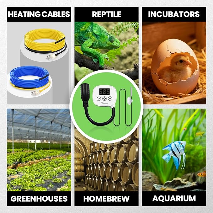 YeloDeer Digital Temperature Controller Outlet, Plug in Thermostat Switch 34-140°F, Timer Range 0h-10h,for Pipe Heating Reptile Greenhouse Aquarium Brewing Seedling Breeding and Hatching 110-120V 10A
