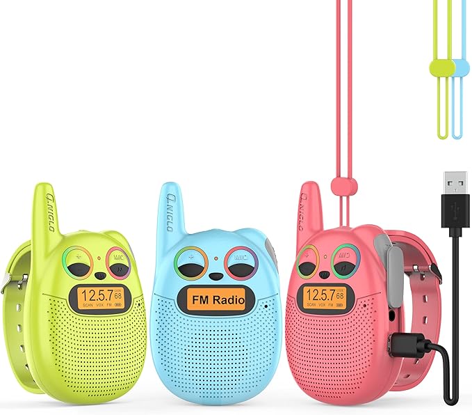 Qniglo Walkie Talkies for Kids Rechargeable 3 Pack, Spy Toys for 4 5 6 7 8 12 Year Old Girls Boys, Kids Walkie Talkies with FM for Outdoor Camping, Christmas Birthday Gifts for Kid Toddler Age 3-12