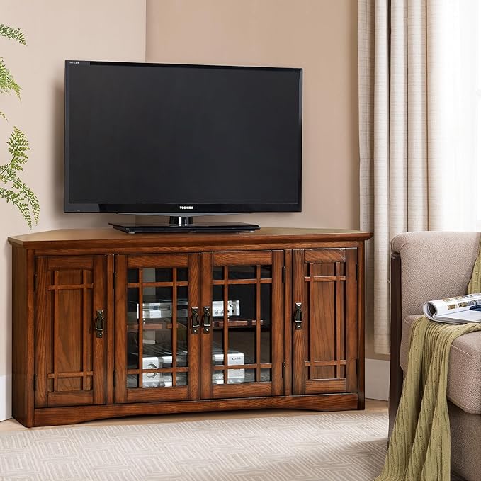 Leick Home 60 in Corner TV Stand, Solid Wood, Adjustable Shelves, Easy Assembly, Mission Style, Blackened Hardware, Medium Oak, 56 in W x 20 in D x 25 in H, 82386