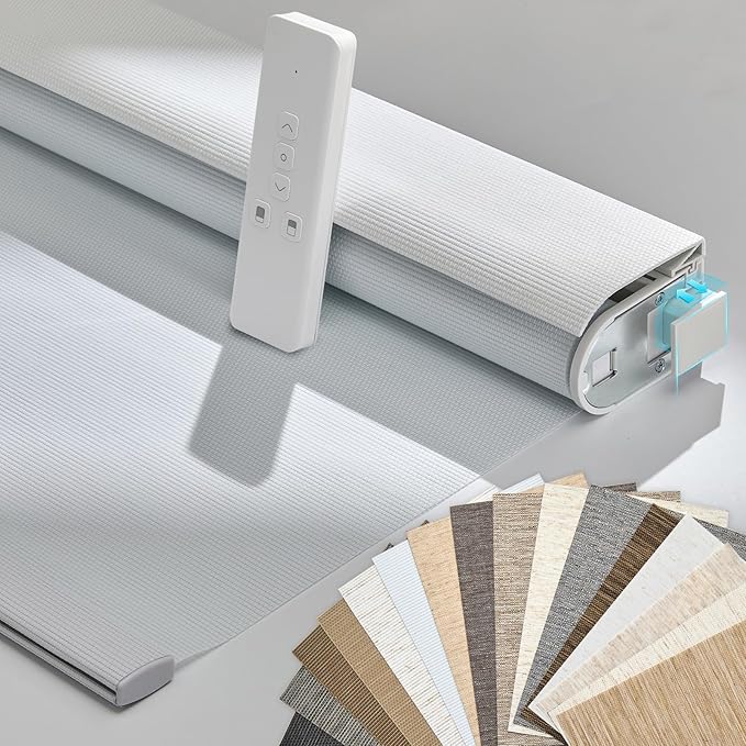 Persilux Smart Motorized Blinds with Remote, No Drill Automatic Roller Shades for Indoor Windows, Light Filtering Linen Fabric, Electric Blinds for Windows, Weave Swan C162-1, Custom Size