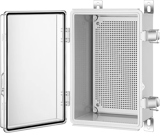 Gratury Junction Box, IP67 Waterproof Plastic Enclosure for Electrical Project, Hinged Grey Cover, Includes Mounting Plate and Wall Bracket (Transparent Cover, 11.4"×7.5"×5.5")