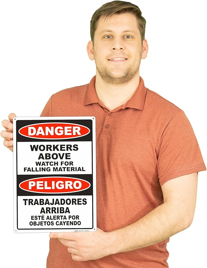 Brimar - 10" x 14" - Bilingual Workers Above Watch For Falling Material Sign - .055″ Polyethylene Plastic - Bold Text And Symbol - Easy Installation