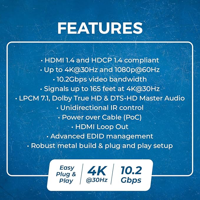 OREI 4K 1x4 HDMI Extender Splitter Over CAT6/7 Ethernet Cable Up to 4K@30Hz upto 165 ft-1080P@60Hz upto 230 ft, IR control, EDID, HDMI Loop Out (HD14-EX165-K)