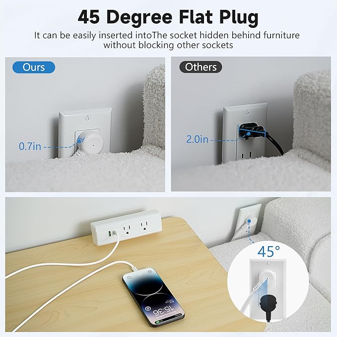Desk Clamp Power Strip with 15Feet Extension Cord,45 Degree 3-Prong Thin Flat Plug, 2 Widely Spaced AC Outlets,2 USB Port (20W PD USB-C & 18W QC3.0 USB-A) Desk Edge Mount Power Strip,16AWG, ETL Listed