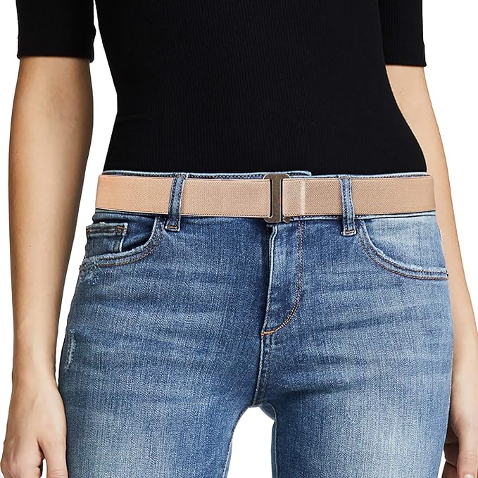 JASGOOD Women No Show Stretch Belt Elastic Web Strap Belt with Flat Buckle for Jeans Pants Dresses