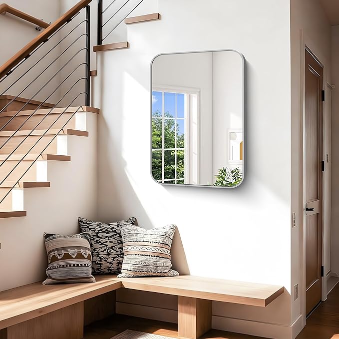 Silver Bathroom Mirror, 18 x 24 Inch Rectangle Mirrors for Wall, Rounded Corner Metal Framed Wall Mounted Mirror for Over Sinks Living Room Bedroom Entryway Hangs Horizontal/Vertical