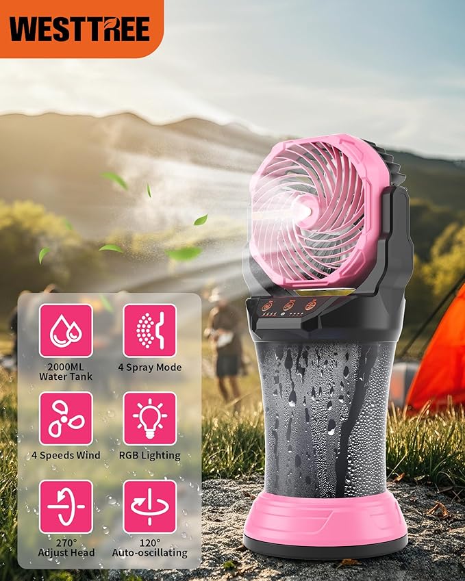 WESTTREE Portable Misting Fan with Large Battery Fan-Rechargeable Outdoor Misting Cooling Fans with 2L Water Tank,RGB Lights,4 Speeds & Spray Modes-for Patio, Camping, Beach, Workshop (Pink)