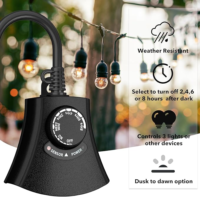 HBN Outdoor Light Timer Waterproof, Weatherproof Photocell Dusk to Dawn Light Sensor, 2/4/6/8 Countdown Timer, 3 Grounded Outlet for Christmas Lights，Hallowen Deceration，1875W 15A 1/2HP