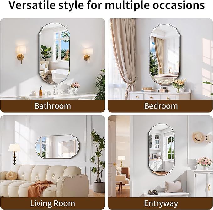 GLASHOM Beveled Edge Frameless Bathroom Mirror, Oval Wall Mirror for Over Sink, 20" x 40" Modern Decorative Vanity Mirror for Bedroom, Living Room,Entryway, Hanging Mirror Horizontal or Vertical