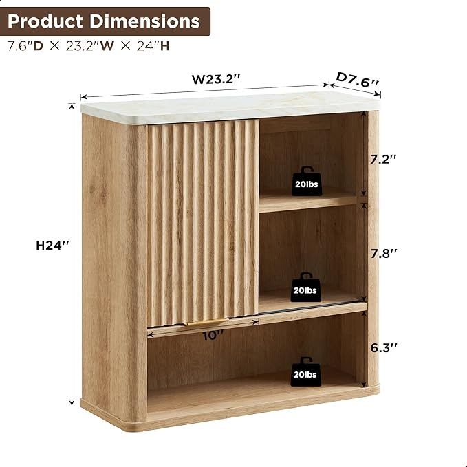 RedLemon Bathroom Wall Cabinet w/Fluted Sliding Door, Modern Medicine Cabinet w/Faux Marble Top & Adjustable Shelf, Curved Profile Wall Mounted Storage Organizer, Natural Oak Color