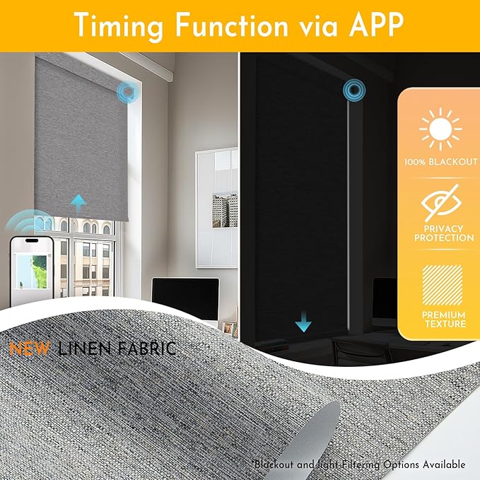 Persilux Smart Motorized Blinds with Remote, No Drill Automatic Roller Shades for Indoor Windows, Blackout Linen Fabric, Electric Blinds for Windows, Linen Grey C156BO-5, Custom Size