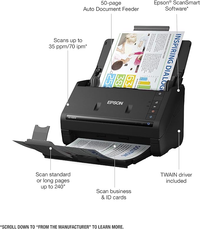 Epson Workforce ES-400 II Color Duplex Desktop Document Scanner for PC and Mac with Auto Doc Feeder (ADF), Image Adjustment Tools