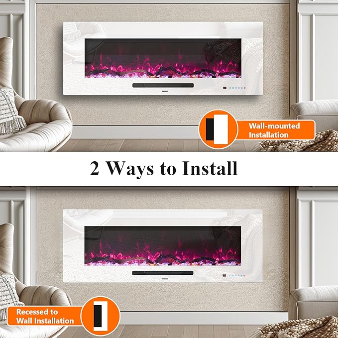 50" Electric Fireplace, Recessed & Wall Mounted Fireplace Heater 13 * 13 Colors Flame &Fuel Bed w/5 Dimmer, Touchscreen &Remote Control Temp, Overheating Protect, Hardwired, 1500W, White