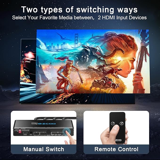 4K@120Hz HDMI 2.1 Switch 2 in 1 Out with Audio Extractor VRR ALLM HDCP2.3 ARC eARC HDR CEC SPDlF Optical Audio Out D-o-l-b-y Digital EDID for PS5 Xbox NVIDIA AMD