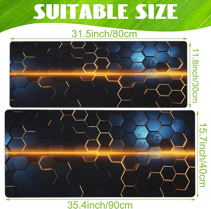 Eflxamz Large Gaming Mouse Pad,Golden Lines Honeycomb Technology Desk Mat,Honeycomb Technology Desk Pad,Extended Computer Keyboard Mouse Pad with Non-Slip Base and Stitched Edge,35.4"x15.7"