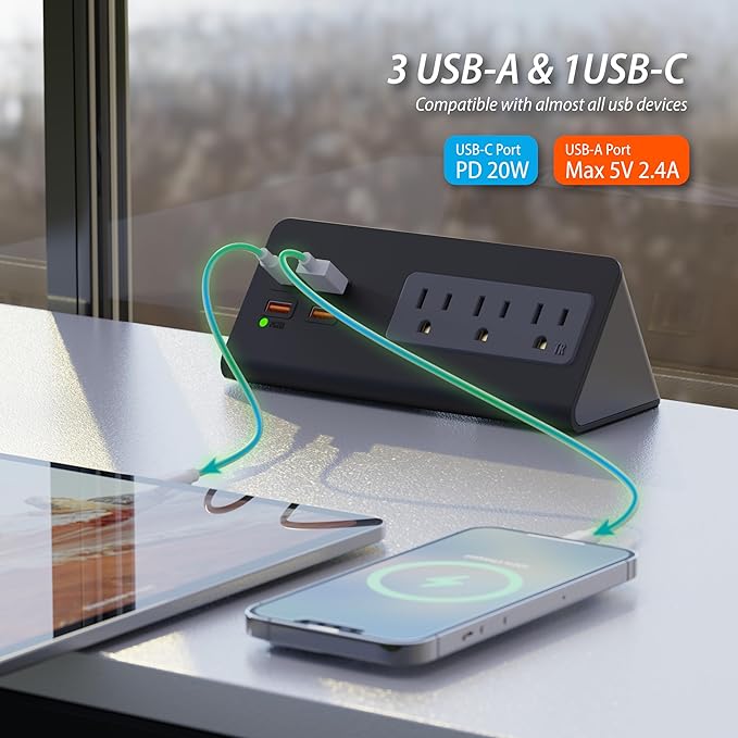 Upgraded Version Edge Mount Power Strip with USB-C Ports Tabletop Surge Protector Desk Clamp Power Sockets with 3 AC Outlets &4 Fast Charging USB Ports for Home Office Hotel Dormitory (White- 1pack)