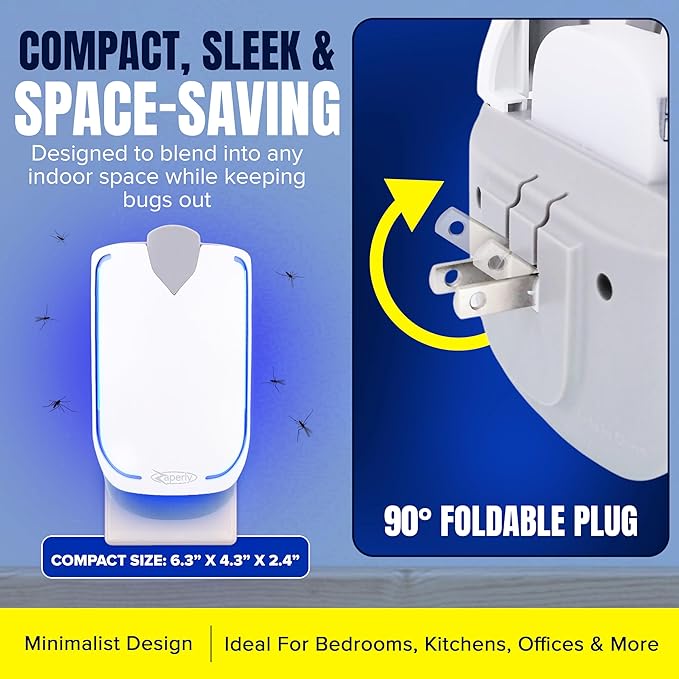 Zaperly 1 Fruit Fly Trap & 5 Adhesive Cartridges, Indoor Plug-in Bug Catcher, UV Light Fly Trap Captures Fruit Flies, Gnats, Houseflies, Moths, and Flying Insects for Kitchen, Bathroom, Plant Areas