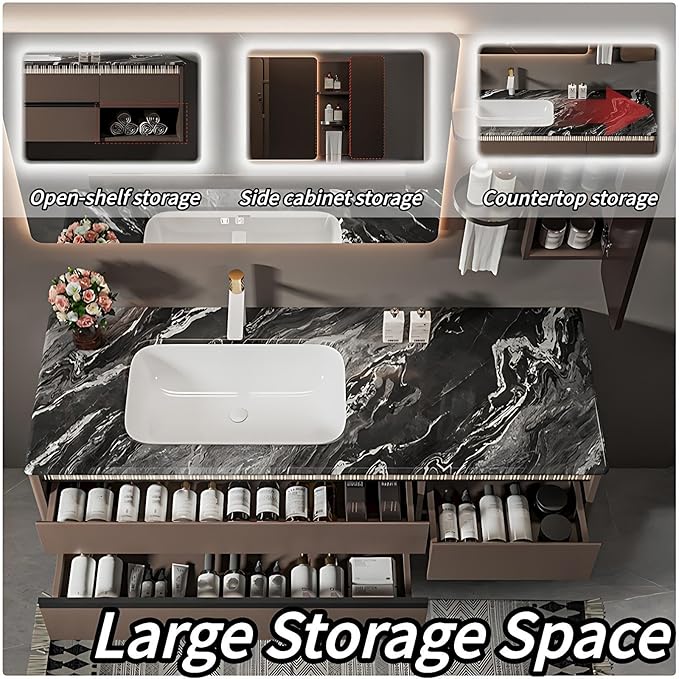Modern Bathroom Vanity - Spacious Deep Sink | Defogging LED Mirror & Human Body Sensor Light, Open Side Panel, Floating Smart Bathroom Vanities (48IN)