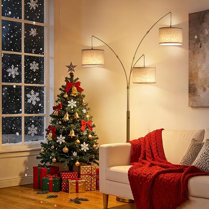 Fansdrick Gold Floor Lamps for Living Room, Super Bright Arc Floor Lamp with Remote Control, 3 Light Tall Floor Lamps with Stepless Dimmable, 80" Mid Century Tree Floor Lamp for Bedroom, Office