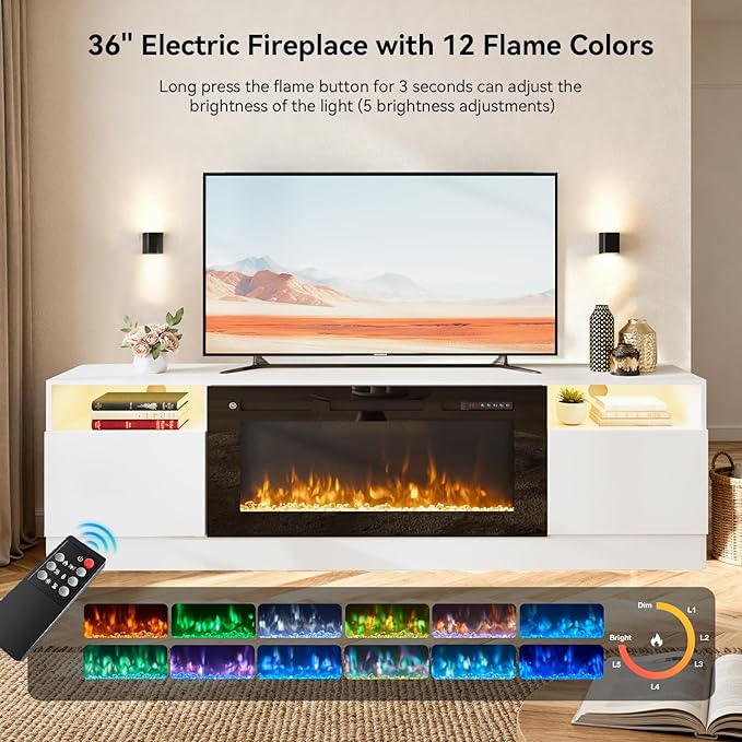 YISUFO 70" TV Stand with 36" Electric Fireplace, Large Modern Media Entertainment Center with Storage Cabinet and 12 Colors LED Lights for TVs Up to 80",White and Black