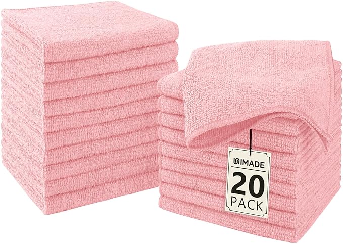 UNIMADE Washcloths - 20 Pack - Face Towels (12" x 12"), Highly Soft Wash Cloths and Hand Towels, Fast Drying Multi-Purpose Microfiber Cleansing Cloths for Bathroom, Hotel, Spa, and Salon - Pink