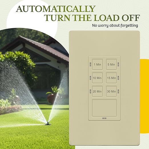 TG 30-Minute Countdown Timer Switch, 1-5-10-15-20-30 Min, for Bathroom Fans, Heaters, Lights, LED Indicator, 120VAC 800W, No Neutral Wire Required, UL Listed, Screwless Wall Plate, Ivory