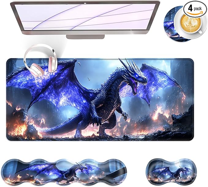 BFUKVOU Large Keyboard Mouse Pad Set, Extended Mouse Pad+Keyboard Wrist Rest Support, Memory Foam Ergonomic Easy Typing, 4Pcs (31.5×11.8 in) Desk Pad Set for Office Home,Fantasy Dragon