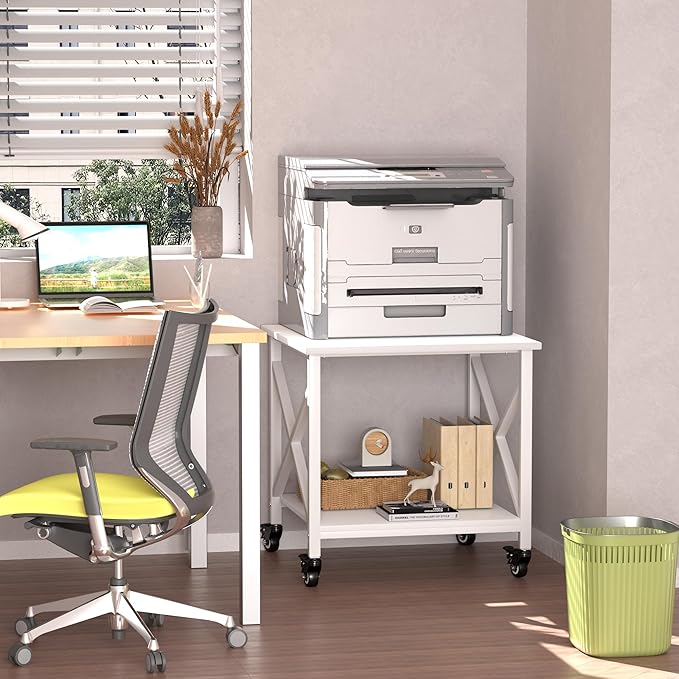 TQQDCI Printer Stand, 23.6 x 23.6 Inches Large Printer Stand with Storage Shelf, 2 Tier Printer Table for Home Office, Rolling Printer Cart with Industrial Wheels, Mini Fridge Stand Table, White