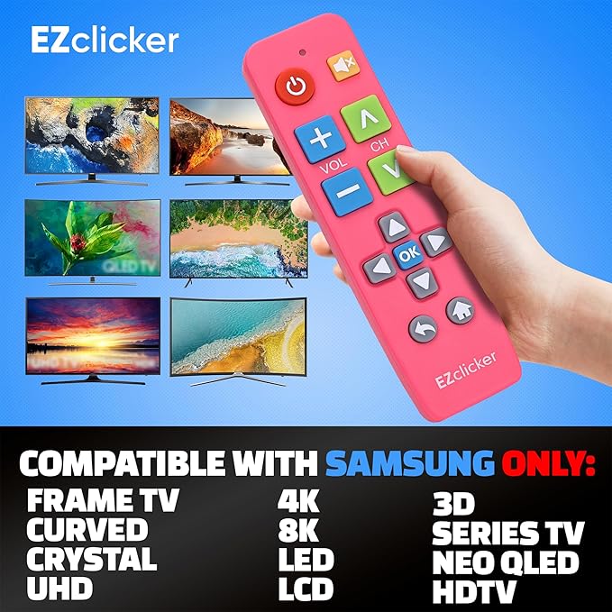 Samsung Replacement TV Remote Compatible with Samsung TV's ONLY (Pink) Big Button TV Remote Control, Simplified and Easy to Use (2xAAA Batteries not Included)