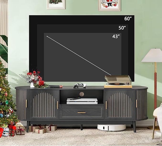 70" Fluted TV Stand for Tvs up to 80", Mid-Century Modern Entertainment Center with Drawers and Fluted Doors, Curved TV Media Console Table with Sliding Doors for Living Room, Bedroom (70" Black)