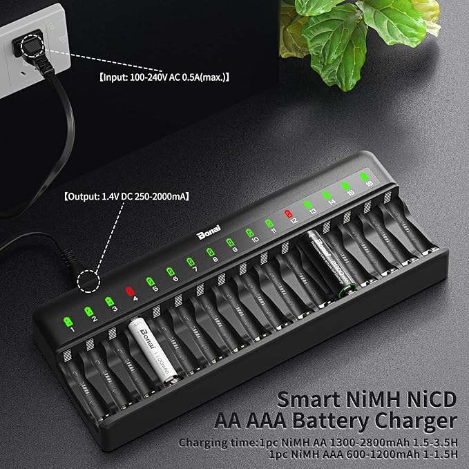 BONAI AA AAA Battery Charger 16 Bay for NiMH Rechargeable Batteries Independent Control with LED Light and Standard American AC Charging Plug, Battery not Included - Black