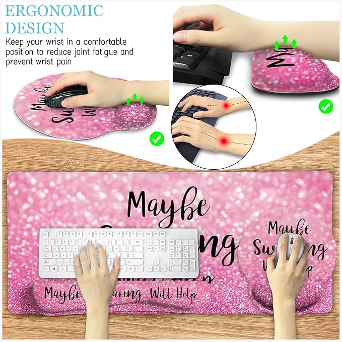 LIMKRIAN Pink Mouse Pad Set, Ergonomic Mouse Pad with Wrist Rest Keyboard Wrist Support, Large Desk Matt for Desktop, Gaming Mousepad Cup Coaster Set, Cute Pink Office Desk Accessories Decor Supplies