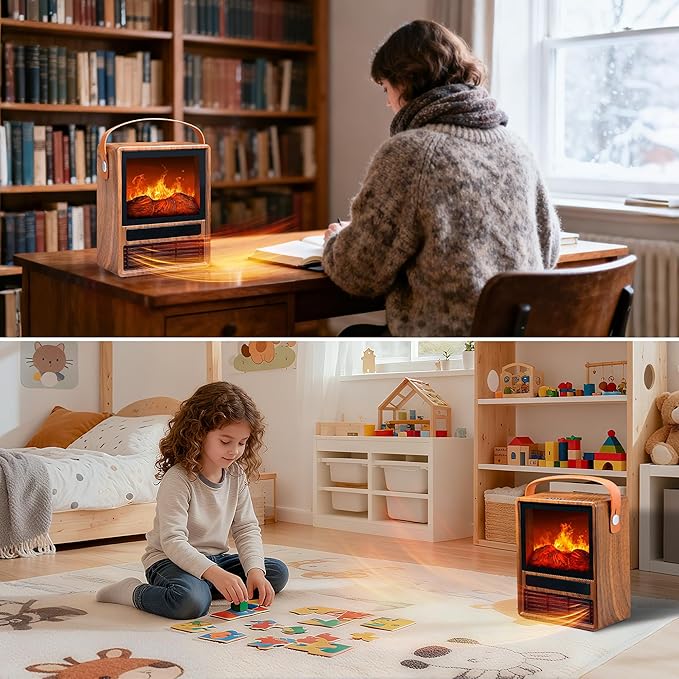 FLAME&SHADE Portable Electric Fireplace Heater for Indoor Use, Fire Place Heaters with 3D LED Flame, Overheat and Tilt Protection, Space Heater Small Fireplace for Home Office Decoration, Oak