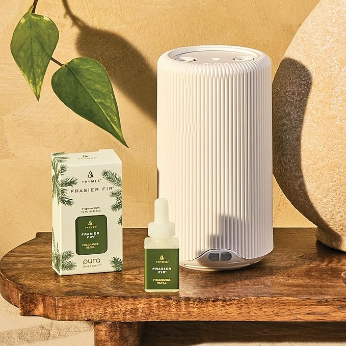 Thymes Pura Plus Smart Home Fragrance Diffuser Kit - Includes 1 Tabletop Pura Diffuser and 2 Frasier Fir Pura Refills - Notes of Siberian Fir, Cedarwood & Sandalwood