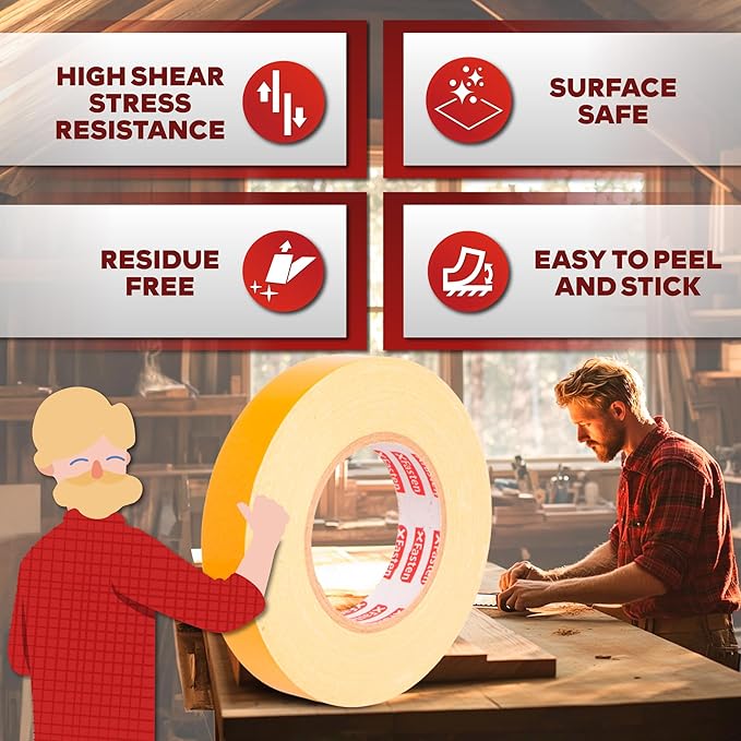 XFasten Bulk Double Sided Woodworking Tape 1-inch 1,296-Feet Total (12-Pack) Residue-Free Woodworking Tool for CNC Routing Machine, Removable Double Sided Tape for Woodworking Router Template