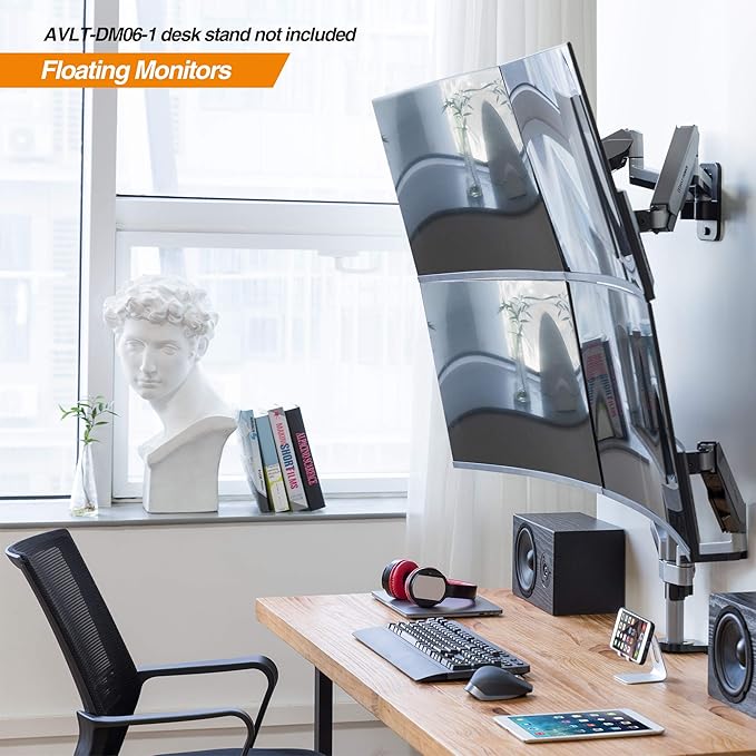 AVLT Dual 13"-32" Monitor Wall Mount fits Two Flat/Curved Computer Screen to Reduce Eye & Neck Strain | Full Motion Swivel Tilt Rotation Height Adjustable Arm | VESA/Cable Management