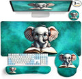 LIMKRIAN Desk Mat Pad, Large Gaming Mouse Pad with Wrist Rest Wrist Support, Ergonomic Mouse Pad Keyboard Mat Wrist Rest, Cup Coaster, Home Office Desk Accessories Decor Supplies, Cute Elephant