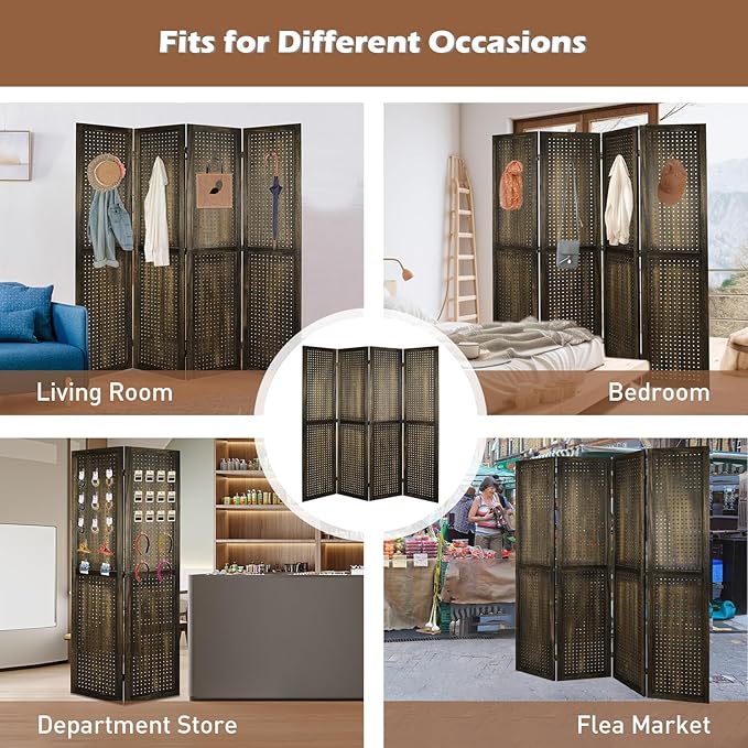 ECOMEX 4 Panel Room Divider, 5.6Ft Pegboard Display Wooden Room Divider Folding Privacy Screen Room Divider Freestanding Peg Board Display for Trade Show Craft Show Home Wall Organizer, Retro Brown
